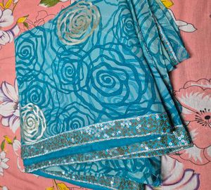 Teal Rose Print Saree