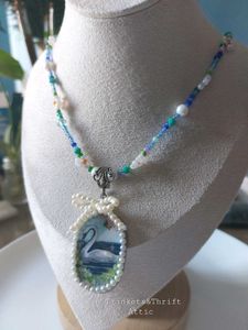 Enchanted Swan Lake Clay Pendant Beadwork Necklace
