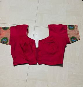 Red Sari Blouse with Embroidered Sleeves