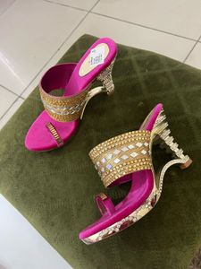 New Pink &amp; Gold Embellished Heels With Sticker
