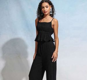 Black StripedShoulder Straps Neck Peplum Top🖤