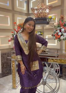 Purple Embroidered Kurta Set with potli