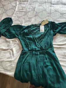 MANGO Emerald Color Wrap Mini Dress
