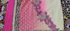 Pink orange light yellow shade saree with lace Patti With Blouse