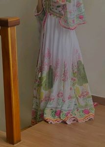 White Printed Anarkali Dress With Dupatta And Pant