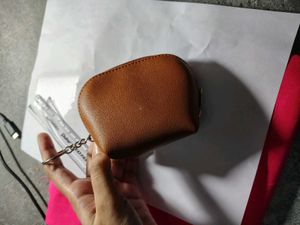 Brown Floral Pouch With Keychain Attachment