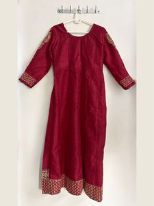 Cherry Red Silk Anarkali with Gold Embroidery
