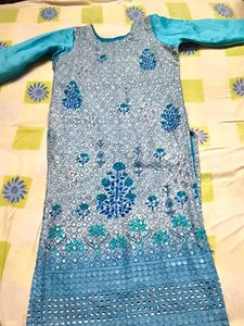 Elegant Blue Embroidered Kurti with Cutwork Hem