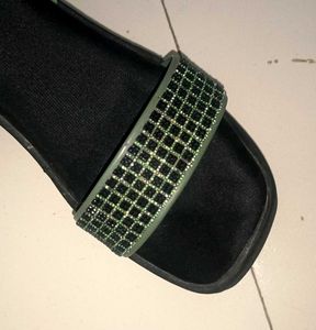 Green Embellished Slingback Sandals