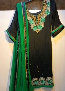 Black & Green Embroidered Suit And Dupatta