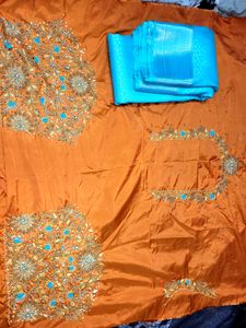 Pattu Contrast Silver printed Blue Saree