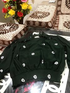 A Line Baloon Sleeve Top With Flowers Embroidery
