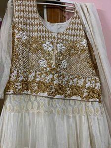 Elegant White &amp; Gold Anarkali Suit