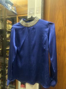 Royal Blue Satin Top with Embellished Collar
