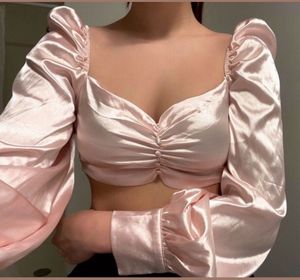 Pink Satin Puff Sleeve Crop Top