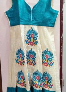 White and Blue Cotton kurti with Embroidered Motif