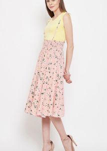 Panit Peach Colored And Green Printed Floral Skirt