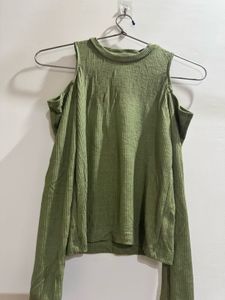 Olive Green Ribbed Cold Shoulder Top