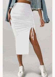 White Ruched Slit Skirt