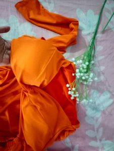 Bold Orange Bodycon Dress with ruched Sleeves