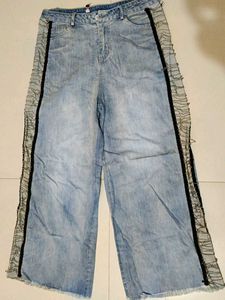Wide Leg Jeans with Mesh Trim
