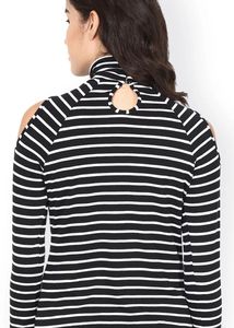 Black &amp; White Striped Cold-Shoulder High Neck Top