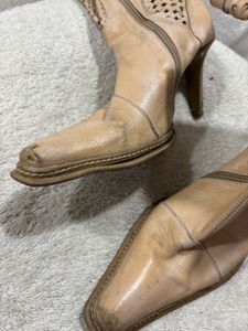 beige Leather Heel Boots