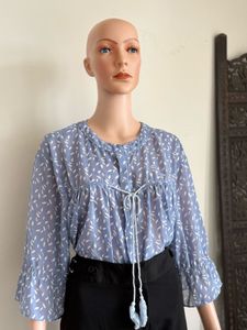 Sheer Blue Floral Tie-Front Top