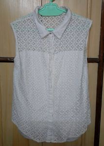 White net cut sleeves shirt