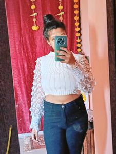 White Turtle neck lace long sleeves knit top