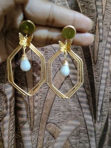 Gold Geometric Pearl Drop Earrings