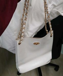 White Tote Bag with Gold Chain