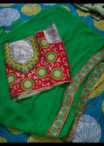 PARROT GREEN SAREE WITH EMBROIDERY BLOUSE SET