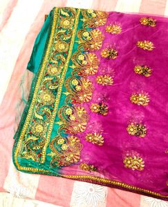 Purple &amp; Green Heavy Embroidered Net Saree with Bl