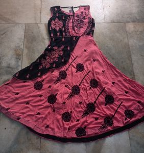 Readymade Pink And Navy Blue Anarkali Set with Pajama And Dupatta