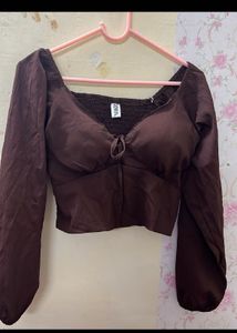 ZARA Chocolate Brown Puff Sleeve Crop Top