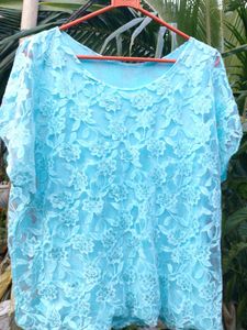 Blue Floral Lace Glitter Top