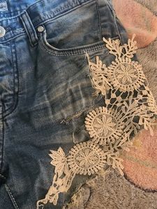 Denim Ripped Shorts with Lace