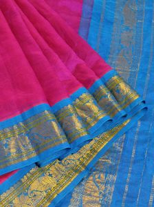 Rani Pink And Blue Silk Cotton Saree