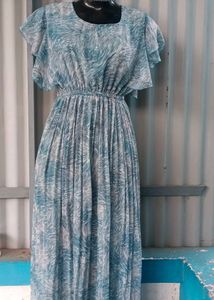 Aqua Print Flutter Sleeve Maxi Dress