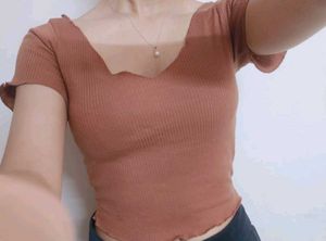 Brown Ribbed V + Boat Neck Top