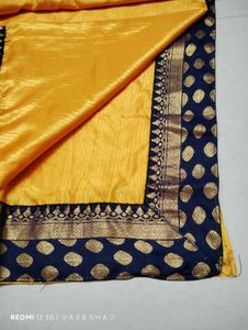 Elegant Yellow &amp; Navy Blue Sari