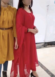 Red Georgette Circular Frock Suit With Dupatta