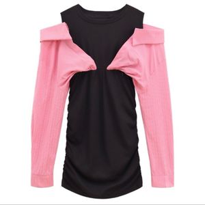 pink off shoulder black dress