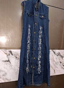 Denim Dress With Brown And  White Striped Hodie
