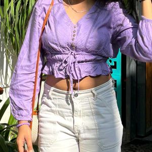 Lilac Eyelet Tie-Front Crop Top