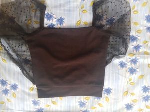 Black Crop Top with Sheer Sleeves