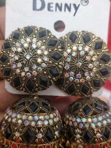 Black &amp; Gold Jhumka Earrings