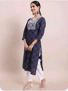 Blue Circle Print Kurti with Embroidered Detail