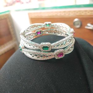 Pure Sterling Silver Pink&amp;Green CZ Bangles 1 Pair.